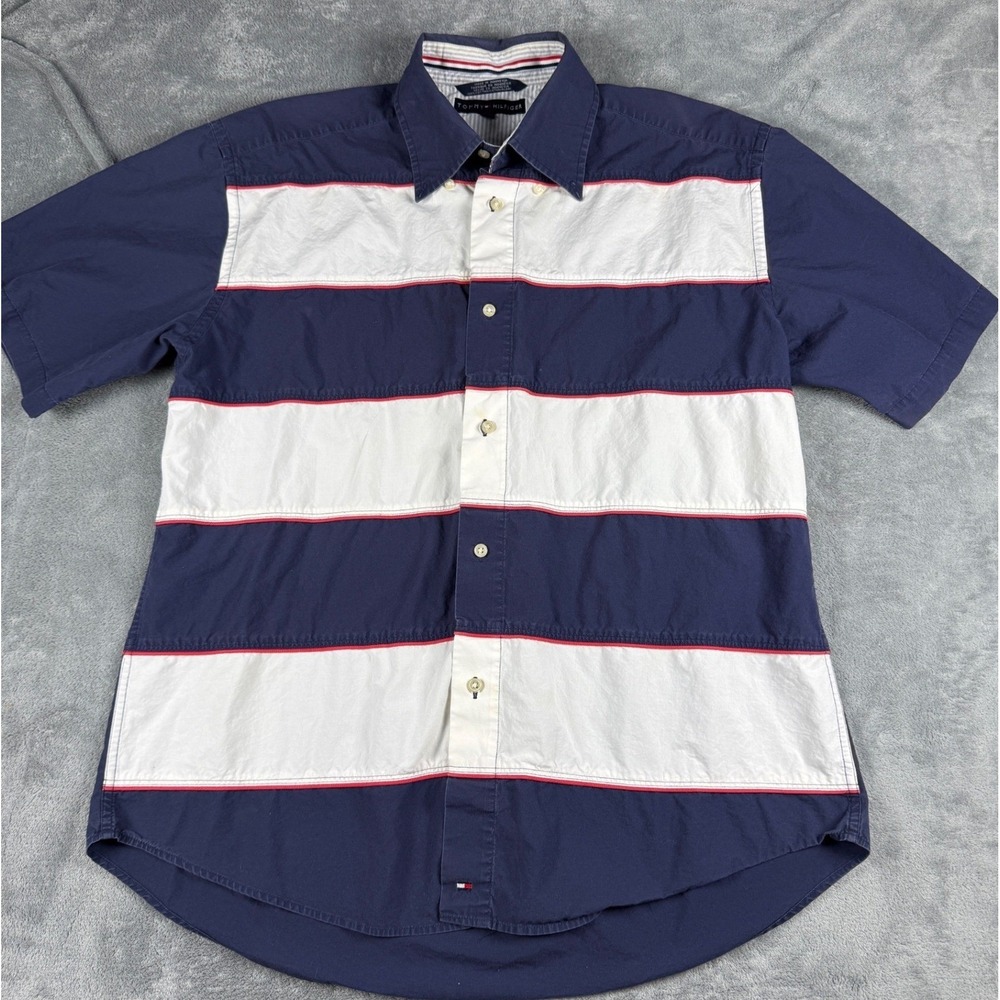 Tommy Hilfiger Y2K Striped Button Up Shirt Men's Large Red White Blue Preppy L‎